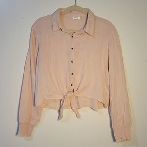 NWT Kensie Women's M Light Pink Button-Down Gauzy Cropped Shirt with Knot Detail